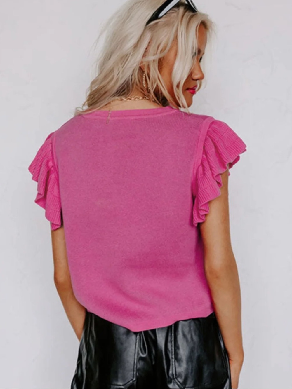 Entro Hot Pink Leopard Short Ruffle Sleeve Cotton Cropped Sweater Top Size Small - Picture 2 of 9